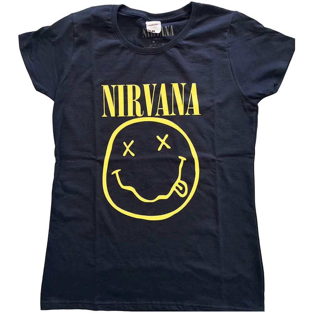 Nirvana - Yellow Happy Face Ladies Tshirt - Blue